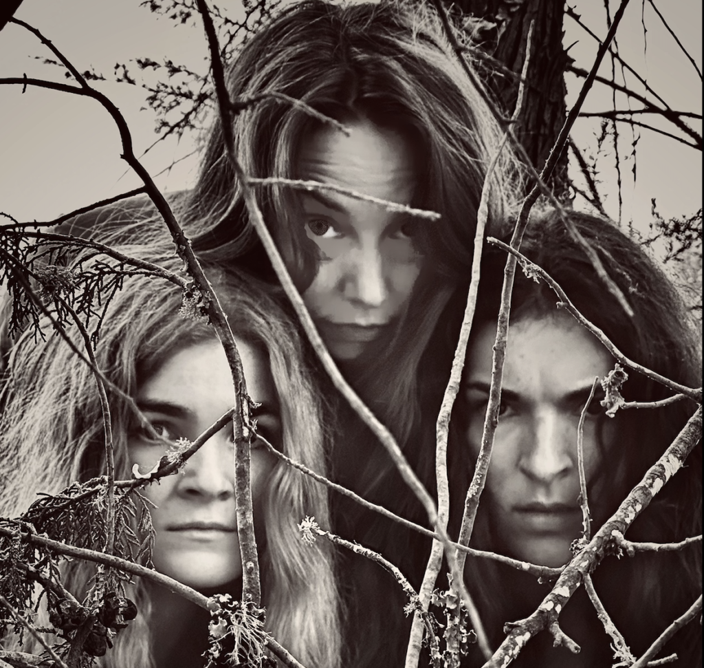 three women in woods behind branches